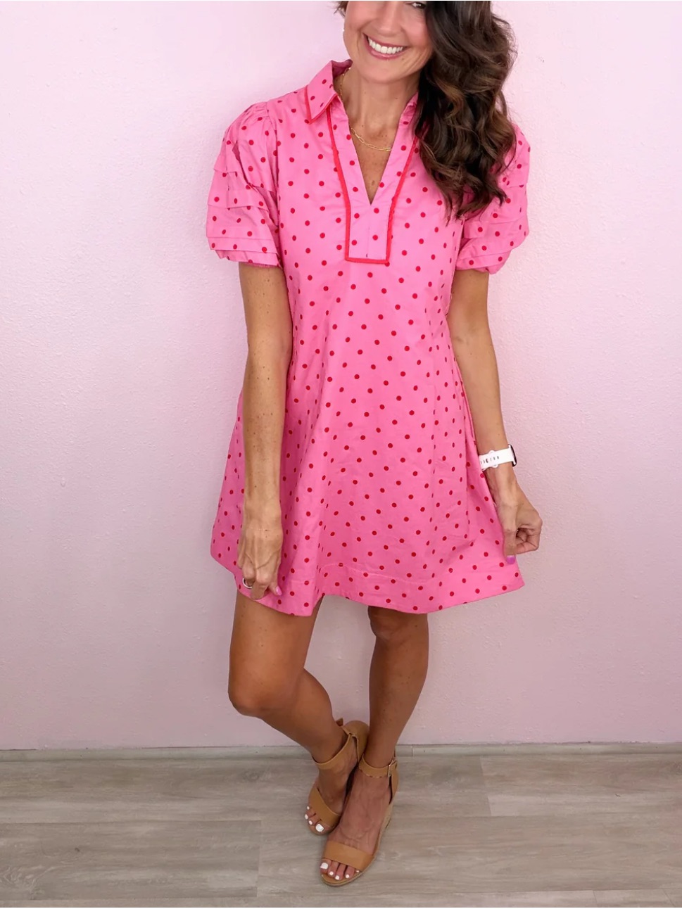 Pink Polka Dot Mini Dress With Notch Collar
